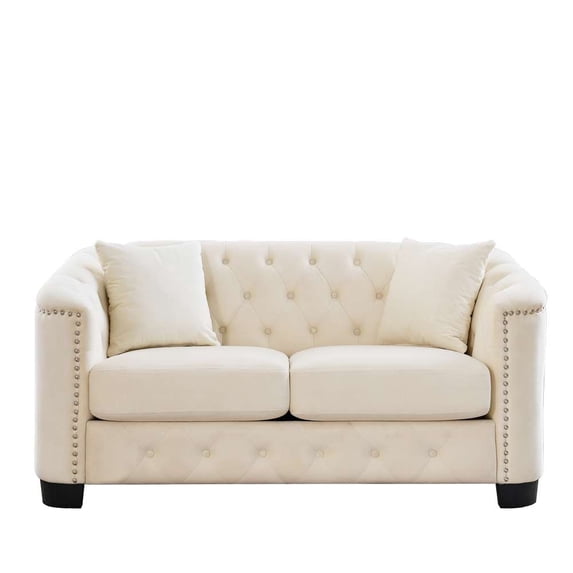 Aoowow 59" Chesterfield Velvet Sofa, 2-Seater Tufted Couch, Nailhead Trim, Beige Upholstered Sofa for Living Room