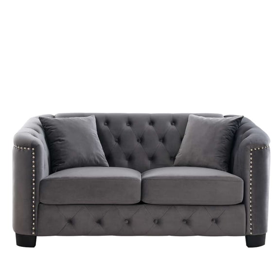 Aoowow 59" Chesterfield Velvet Sofa, 2-Seater Tufted Couch, Nailhead Trim, Gray Upholstered Sofa for Living Room