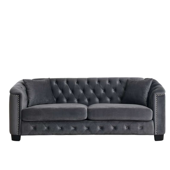 Aoowow 77" Chesterfield Velvet Sofa, 3-Seater Tufted Couch, Nailhead Trim, Gray Upholstered Sofa for Living Room