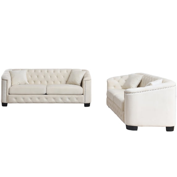 Aoowow Chesterfield Sofa Set, 6 Seater Velvet Tufted Couch, Deep Cushions, Nailhead Trim, Beige