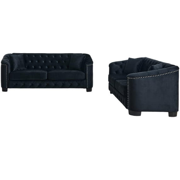 Aoowow Chesterfield Sofa Set, 6 Seater Velvet Tufted Couch, Deep Cushions, Nailhead Trim, Black