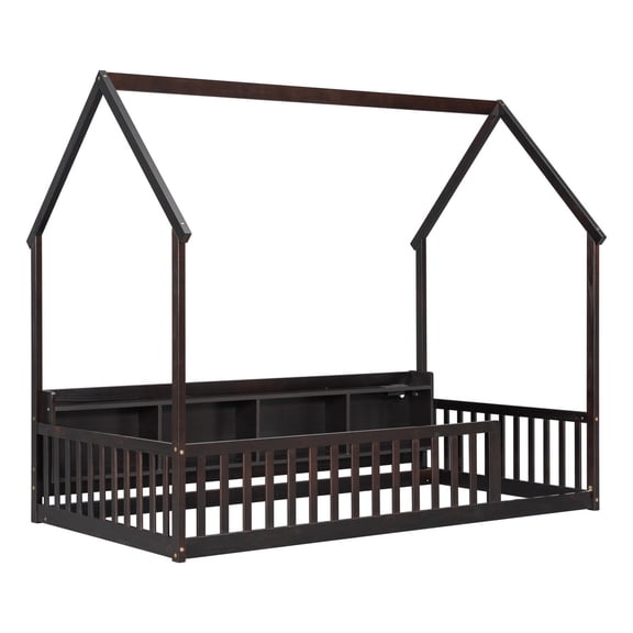 Aoowow Full House Floor Bed with Storage Shelves, LED Lights & Charging Station, Pine Wood Frame, Safety Guardrails, Espresso
