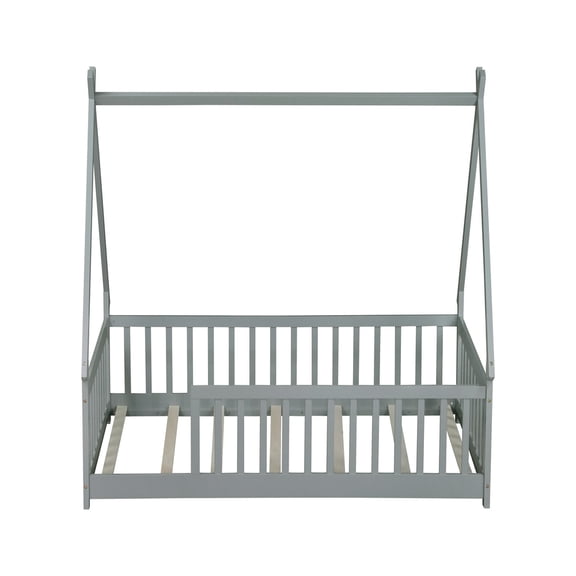 Aoowow Twin Size Floor Bed Frame, Tent-Shaped Teepee Bed with Guardrails, Wooden Slats, Gray