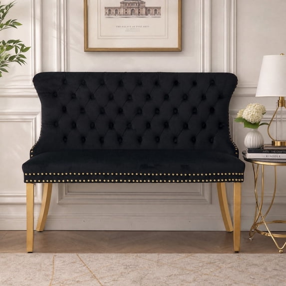Aoowow Velvet 2 Seat Dining Bench Black Golden Legs