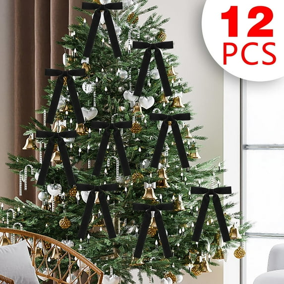Aooww 12PCS Velvet Large Christmas Bows for Staircase Garland Wreath, Vintage Ribbon Bows with Twist Tie for Xmas Tree Holiday Indoor Outdoor Decorations(Black, 12PCS❤)