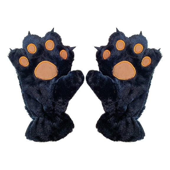 Aooww Cat Paws Gloves Cozy Animal Full Fingers Bear Claws Mittens Winter Plush Glove Halloween Prop for Kids Adults, Black