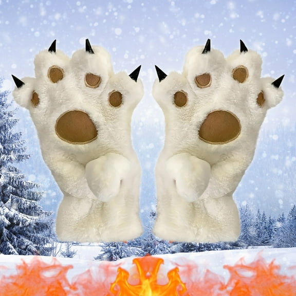 Aooww Cat Paws Gloves Cozy Animal Full Fingers Bear Claws Mittens Winter Plush Glove Halloween Prop for Kids Adults, White