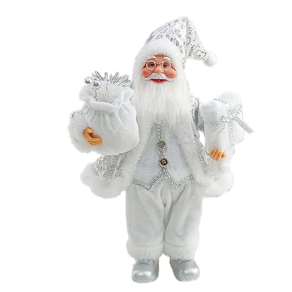 Aooww Christmas Sitting Santa Hand Crafted Coat Santa Claus Figurines Doll with Gift Bag and Presents Christmas Decoration for Home Office Table Xmas Party Ornament Gift, Silvery