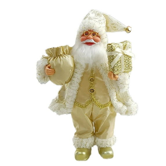 Aooww Christmas Sitting Santa Hand Crafted Coat Santa Claus Figurines Doll with Gift Bag and Presents Christmas Decoration for Home Office Table Xmas Party Ornament Gift, Gold