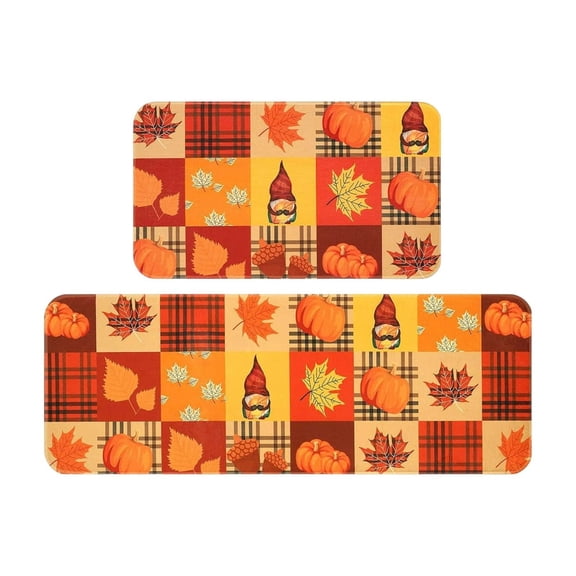 Aooww Fall Kitchen Mats, Set of 2 Pumpkin Maple Leaves Kitchen Rugs White Orange Autumn Non Slip Rectangle Doormats Thanksgiving Floor Mat for Home Entrance Porch