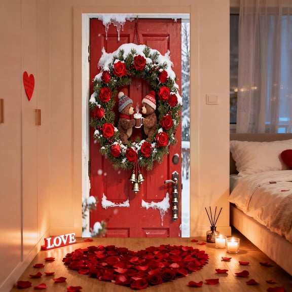 Aooww Happy Valentine Door Cover 35 X 72 Inch Large Valentines Fabric Hanging Decoration Valentines Party Supplies Red Heart Banner for Front Door Indoor Outdoor,D