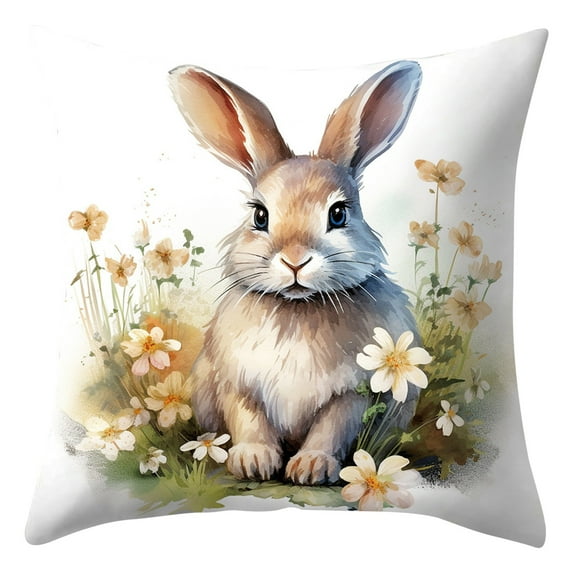 Aooww Linen Easter Pillow Cover with Bunny and Flower Prints for Living Room Sofa and Home Decoration,A