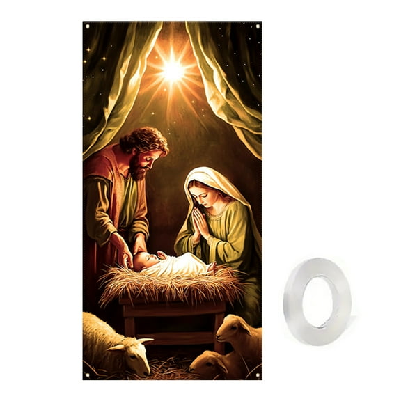 Aooww Nativity Christmas Door Covers for Front Doors Decor Religious Holy Night Jesus Scene Fabric Nativity Door Cover Decor Christmas for Outdoor Porch, Holiday Xmas, Farmhouse Home Office Party, B