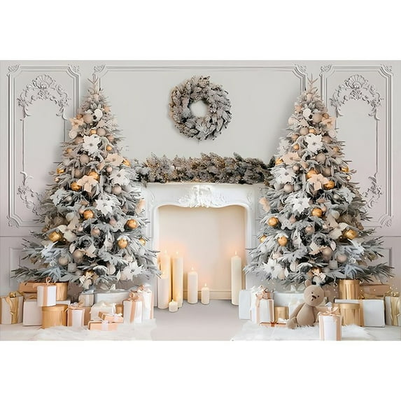 Aooww Polyester Christmas Fireplace Photography Backdrop Vintage Xmas Tree Sock Background Santa Gift Party Decorations Portrait Photo Banner Booth Props with Four Holes Easy to Hang 59x70.8in