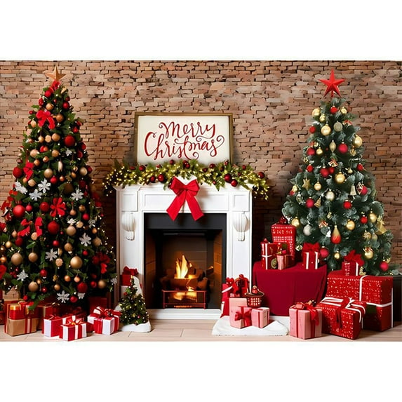 Aooww Polyester Christmas Fireplace Photography Backdrop Vintage Xmas Tree Sock Background Santa Gift Party Decorations Portrait Photo Banner Booth Props with Four Holes Easy to Hang 59x70.8in