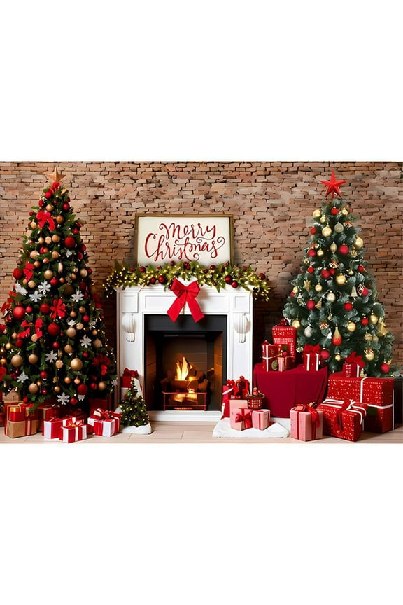 Polyester Christmas Fireplace Photography Backdrop Vintage Xmas Tree Sock Background Santa Gift Party Decorations Portrait Photo Banner Booth Props with Four Holes Easy to Hang 59x70.8in