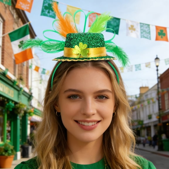 Aooww St. Patrick's Day Light-Up Shamrock Headband, Flashing LED Green Hat with Battery, Irish Festival Party Favor, Carnival & Pub Crawl Prop,A