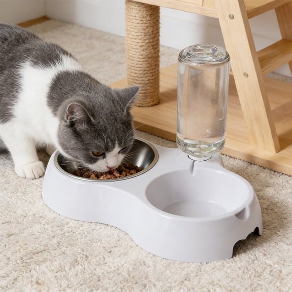 Aooww Stainless Steel Double Dog Bowl, Automatic Gravity Water & Food Dispenser, Non-Slip Elevated Feeder for Small Medium Dogs Cats, Easy Clean Anti-Spill Pet Dishes Bowls,Gray