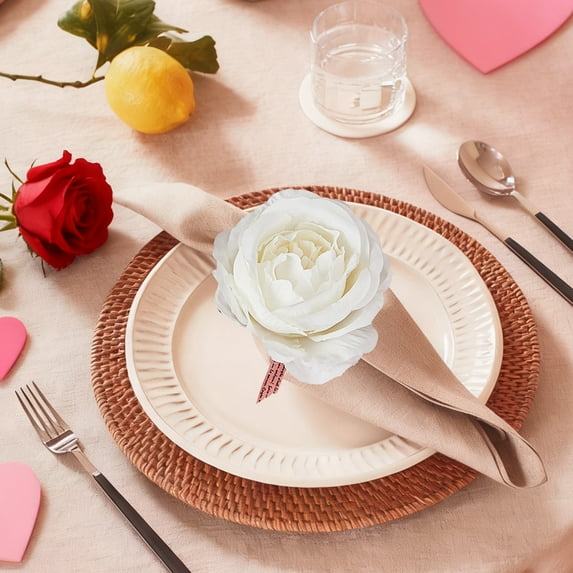 Aooww Valentine's Day Rose Napkin Ring - Floral Decorative Napkin Holder Set for Romantic Dinner and Holiday Table Setting,White