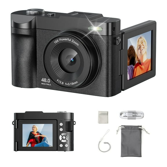 Aopick Digital Camera, 4K 48MP Autofocus Vlogging Camera With 16X Digital Zoom 2.8 Inch 180 Flip Screen Camera With 32GB SD Card For Teenagers, Beginners, Adults