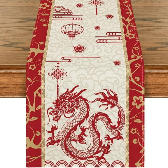 Aoqianlan 13x72Inch Year Of The Dragon Table Flag Chinese Zodiac Dragon Happy New Year Table Runner Home Kitchen Dinner Decoration table runner B