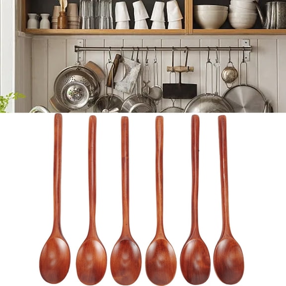 Aoqianlan 6Pcs Wooden Spoon Soup Spoon Tableware Korean Style Long Handle Natural Ellipse Ladle Spoon Set For Cooking