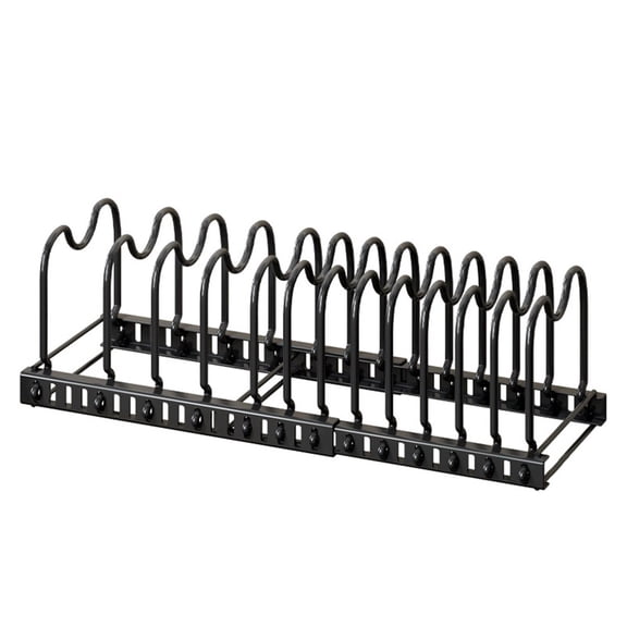 Aoqianlan Expandable Pot And Pan Organizer Rack With 13 Adjustable Dividers For Kitchen Space Saving Storage For Plates Bowls Cookware Black
