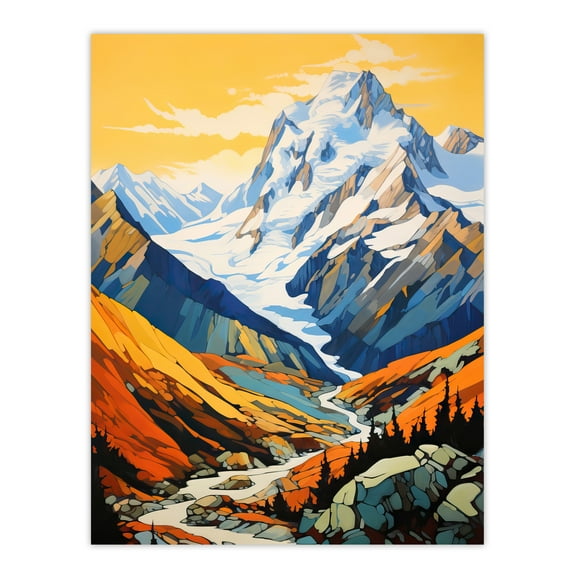 Aoraki Mount Cook Artwork Amber Orange Blue National Park New Zealand Snow Peaked Mountain Cloud Piercer Unframed Wall Art Print Poster Home Decor Premium