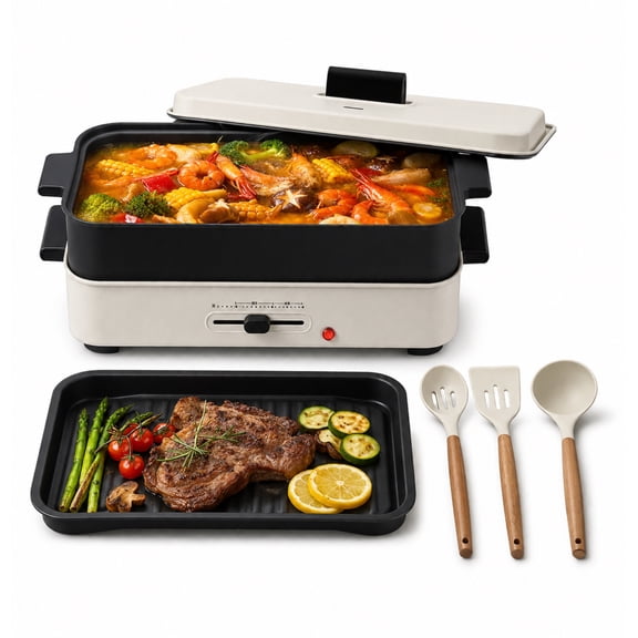 Aoran 2-in-1 Detachable Electric Grill & Hot Pot, Non-Stick BBQ Griddle and Deep Cooking Pot, Adjustable Temperature Control, Dishwasher-Safe Removable Plates, Indoor & Outdoor Multifunctional