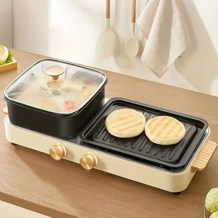 Aoran Electric BBQ Hot Pot Combo, Multifunctional Split 1400W Design for Even Cooking, Beige White – Perfect for Family Grilling, Independence Temperature Control