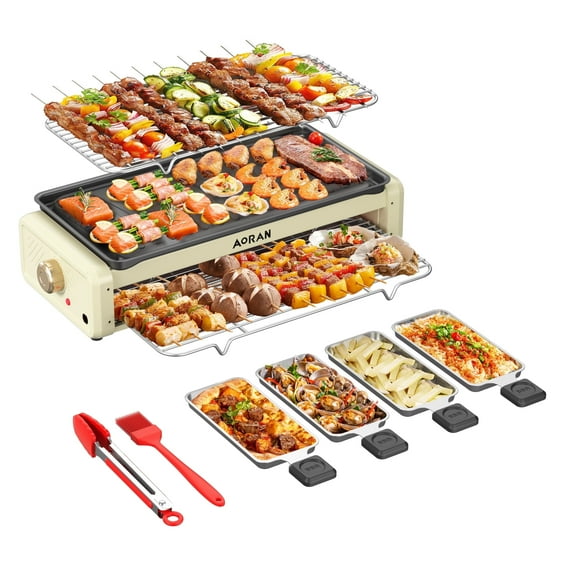 Aoran Electric Smokeless Grill, 1800W Nonstick Indoor Griddle Pan, Multifunctional Skillet for Frying, Baking, Stewing, Easy to Clean, Adjustable Temperature, White
