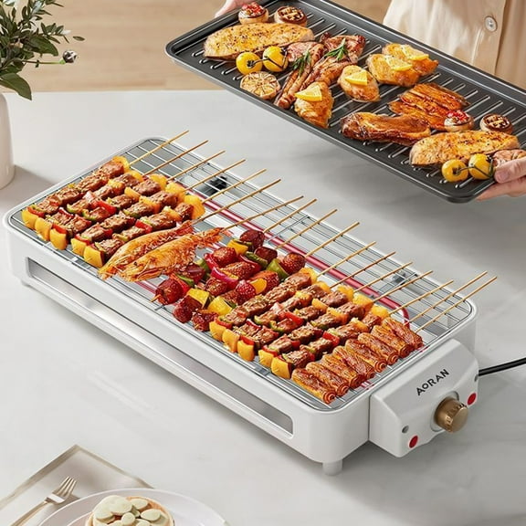 Aoran Smokeless Electric Grill, 1500W Indoor Portable Grill with Non-Stick Grill Surface, Detachable Board & Grill Net, Compact Electric BBQ for Apartment, Dorm, Office