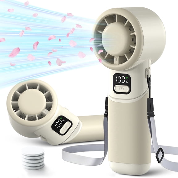 Portable Fan with Aroma Diffuser Turbo Powerful Comfortable Silicone Handle 90° Rotated/5 Turbo High Speeds 12H Cooling Time 4000mAh Battery Powered (Beige)