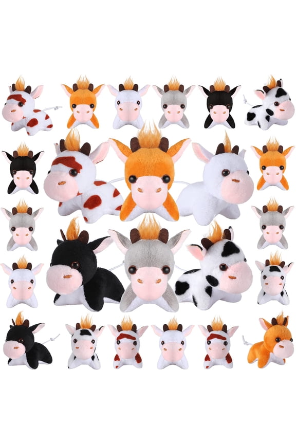 24 Pcs Cow Adopt Party Favor Bulk Standing Cow Plush Toys 3.15 Inch Mini Keychain Toys with Detachable Chain for Western Party Farm Themed Birthday Favors Supplies