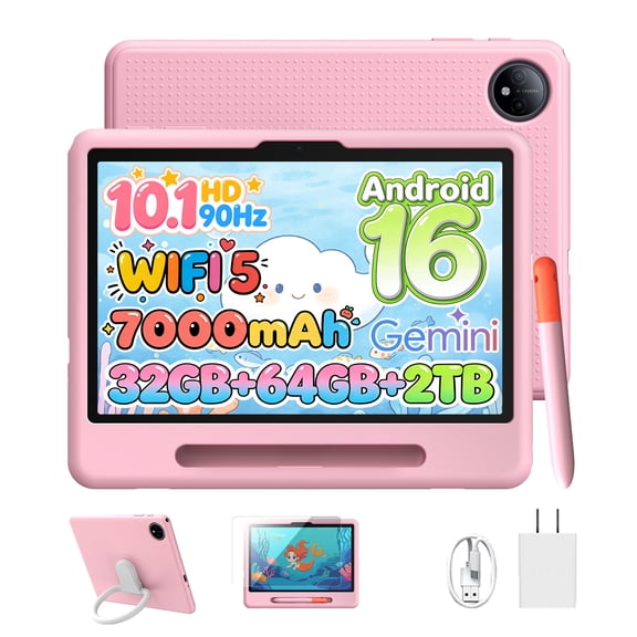 Aorlym P10 Kid Kids Tablet, 32GB RAM + 64GB ROM, 90Hz Android 16 Tablet with Gemini AI, Quad-Core T310, 10.1'' IPS HD Screen, 7000mAh, 5G WIFI, 10 inch Talet with Stylus Pen, Silicone Case
