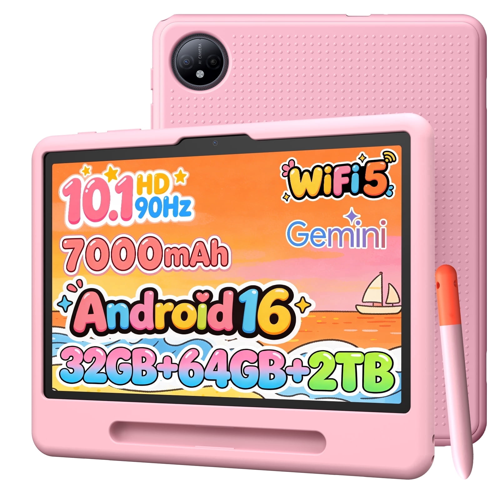 Aorlym P10 Kid Kids Tablet, 32GB RAM + 64GB ROM, 90Hz Android 16 Tablet with Gemini AI, Quad-Core T310, 10.1'' IPS HD Screen, 7000mAh, 5G WIFI, 10 inch Talet with Stylus Pen, Silicone Case