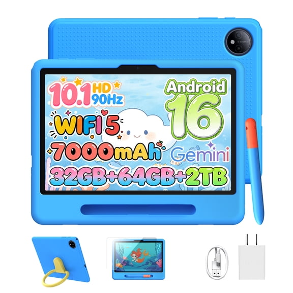 Aorlym P10 Kid 10 inch Tablet, 32GB RAM + 64GB ROM, 90Hz Android 16 Kids Tablet with Gemini AI, Quad-Core T310, 10.1'' IPS HD Screen, 7000mAh, 5G WIFI, Stylus Pen, Silicone Case