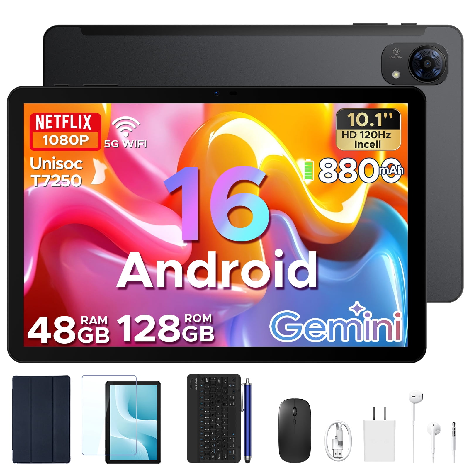 Aorlym P10 Pro Android 16 Tablet, 10 inch Tablets with Gemini AI, 120Hz, 48GB RAM+128GB ROM/2TB, Octa-Core T7250, 8800mAh, 13MP+5MP, 3.5mm Jack, Face ID, GPS, 5G WiFi, OTG, Tablet with Keyboard Pen