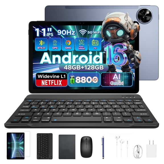 Aorlym P11 Android 16 Tablet, 11 inch Tablet with Gemini AI, 48GB RAM+128GB ROM/2 TF, 120Hz, T7250 Octa-Core, 8800mAh/18W, 13MP+5MP, Widevine L1, Face ID, GPS, FM, OTG, Keyboard Pen