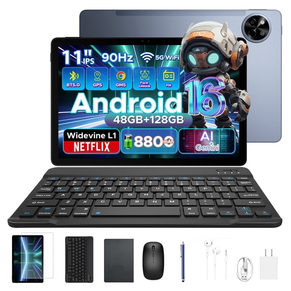 Aorlym P11 Android 16 Tablet, 11 inch Tablet with Gemini AI, 48GB RAM+128GB ROM/2 TF, 120Hz, T7250 Octa-Core, 8800mAh/18W, 13MP+5MP, Widevine L1, Face ID, GPS, FM, OTG, Keyboard Pen