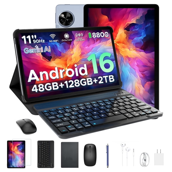 Aorlym P11 Android 16 Tablet, 11 Inch Tablet with Gemini AI, 48GB RAM+128GB ROM/2 TF, 120Hz, T7250 Octa-Core, 8800mAh/18W, 13MP+5MP, Widevine L1, Face ID, GPS, FM, OTG, Keyboard Pen
