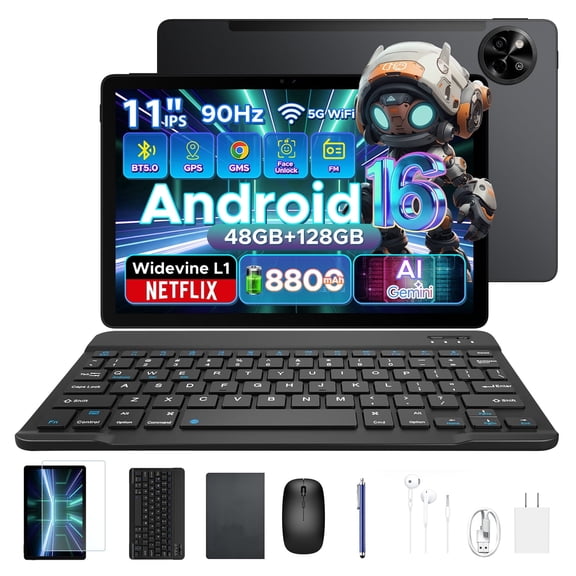 Aorlym P11 Android 16 Tablet, 11 inch Tablet with Gemini AI, 48GB RAM+128GB ROM/2 TF, 120Hz, T7250 Octa-Core, 8800mAh/18W, 13MP+5MP, Widevine L1, Face ID, GPS, FM, OTG, Keyboard Pen