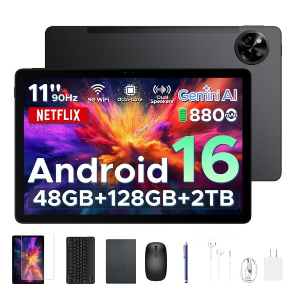 Aorlym P11 Android 16 Tablet, 11 inch Tablet with Gemini AI, 48GB RAM+128GB ROM/2 TF, 120Hz, T7250 Octa-Core, 8800mAh/18W, 13MP+5MP, Widevine L1, Face ID, GPS, FM, OTG, Tablet with Keyboard Pen