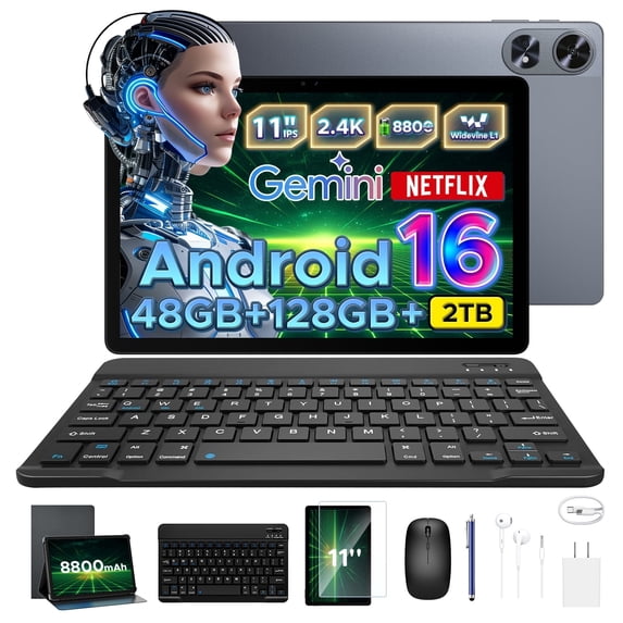 Aorlym P11 Pro 11 inch Tablet with Android 16 & Gemini AI, 48GB RAM+128GB ROM/2TB, T7250 Octa-Core, 8800mAh/18W, 120Hz, 5MP+13MP, GPS, FM, Face ID,OTG,5G WiFi, Tablet with Keyboard Stylus