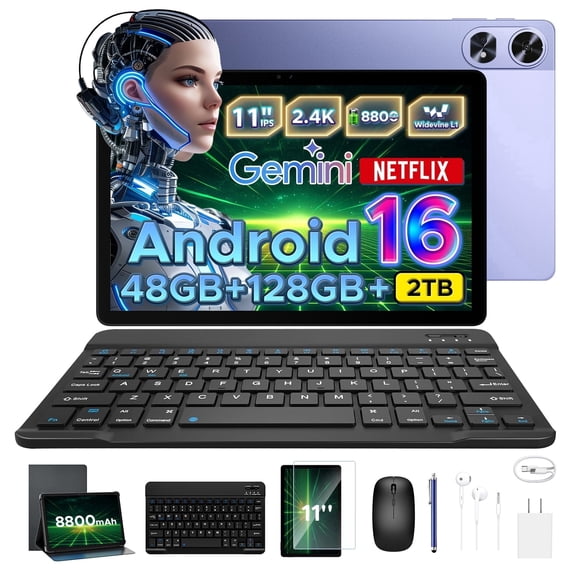Aorlym P11 Pro 11 inch Tablet with Android 16 & Gemini AI, 48GB RAM+128GB ROM/2TB, T7250 Octa-Core, 8800mAh/18W, 120Hz, 5MP+13MP, GPS, FM, Face ID,OTG,5G WiFi, Tablets with Keyboard Stylus
