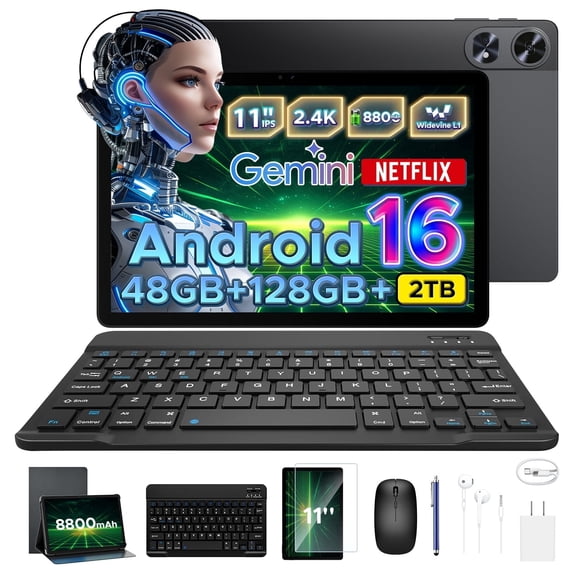 Aorlym P11 Pro 11 inch Tablet with Android 16 & Gemini AI, 48GB RAM+128GB ROM/2TB, T7250 Octa-Core, 8800mAh/18W, 120Hz, 5MP+13MP, GPS, FM, Face ID,OTG,5G WiFi, Tablets with Keyboard Stylus