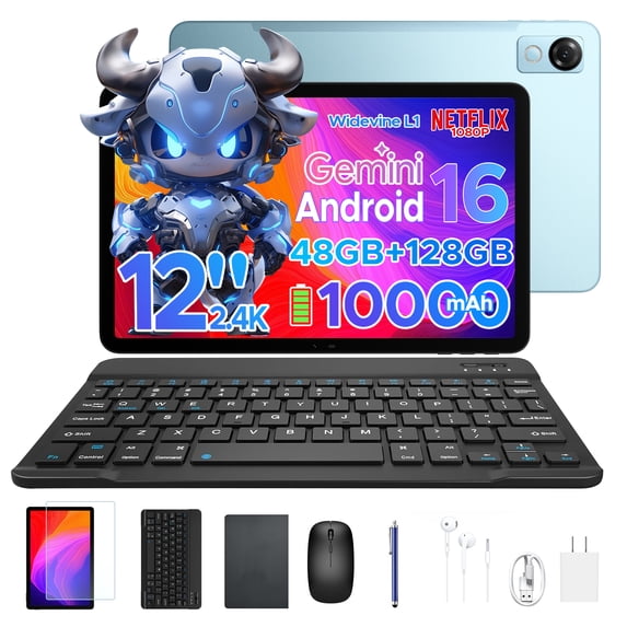 Aorlym P12 12 Inch Tablet, Tablet Android 16, 48GB RAM+128GB ROM/2TB TF, T7280 Octa-core, Gemini AI, IPS 2.4K 120Hz Display, 10000mAh/18W, 5G WiFi, 8MP+13MP, GPS, Face ID, OTG, Tablet with Keyboard