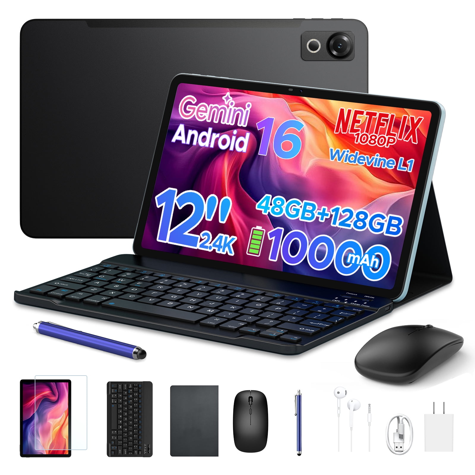 Aorlym P12 Android 16 Tablet 12 inch, 48GB RAM+128GB ROM/2TB TF, T7280 Octa-core, Gemini AI, IPS 2.4K 120Hz Display, 10000mAh/18W, 5G WiFi, 8MP+13MP, GPS, Face ID, OTG, Tablet with Keyboard