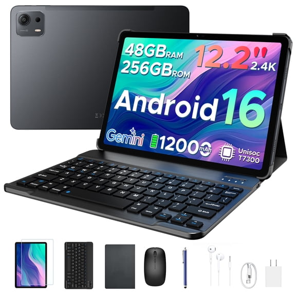Aorlym P12 Plus Tablet, 12.2" 2.4K IPS Tablets, 48GB RAM (12GB+36GB Extended) 256GB ROM, Android 16, 120Hz, 12000mAh, 13MP+8MP Camera, 5G WiFi, 7.6mm Ultra-Thin Tablet with Keyboard, Pen, Headphone