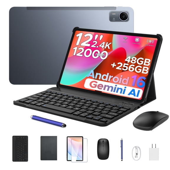 Aorlym P12 Pro 12 inch Tablet with Keyboard, Android 16 with Gemini AI, 48GB RAM+256GB ROM/2TB TF, 12000mAh/18W, 2.4K 120Hz, 4G Dual SIM, Face ID/OTG